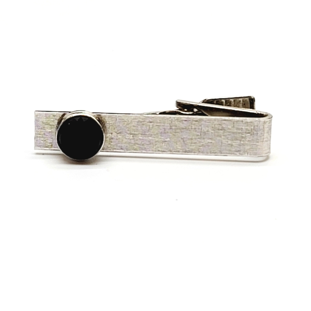 SOLDMen's Vintage Brushed Silver Tone and Black Inset Design, Spring Clip, 1960s